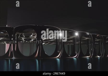 Abstrakte Würfel mit Löchern auf einem Tisch mit Wandhintergrund. Stockfoto