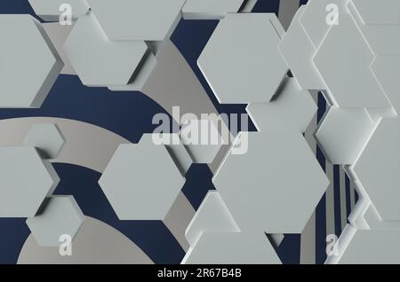 Abstraktes sechseckiges weißes Design mit Tiefe und Kreisen. Stockfoto