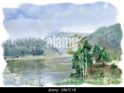 Landschaft mit dem Bild eines Flusses, Berge, Wälder, Bäume am Ufer. Bewölkter Zustand der Natur. Aquarell-Illustration, handgezeichnet. Stockfoto