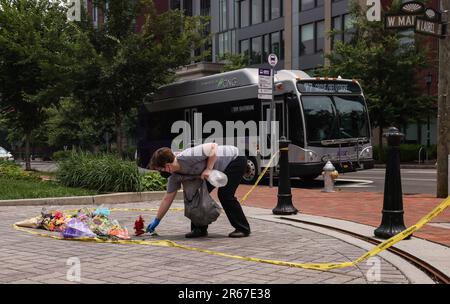 Eine Frau legt Blumen an einem improvisierten Denkmal im Monroe Park ab, wo der 18-jährige High School-Absolvent Shawn Jackson und sein Vater, der 36-jährige Renzo Smith, nach der Abschlusszeremonie für die Huguenot High School am Mittwoch, den 7. Juni 2023 in Richmond Virginia erschossen wurden. Die Familie hatte gerade an der Abschlussfeier im Altria Theater gegenüber dem Park teilgenommen, als sie und 5 andere erschossen wurden, als im überfüllten Park Schießereien ausbrachen. Vier Erwachsene und ein 14-Jähriger überlebten die Schießerei mit einem der Erwachsenen, der noch im Krankenhaus mit lebensbedrohlichen Verletzungen lag Stockfoto