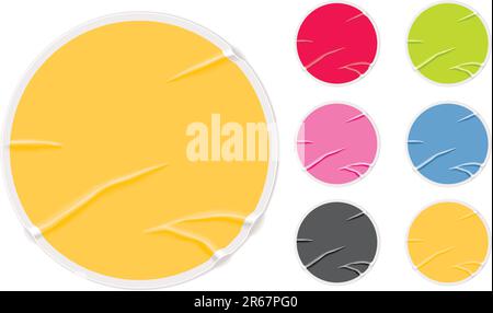 Set mit bunten runden Aufklebern. Zerknittert und schlecht geklebt Stock Vektor