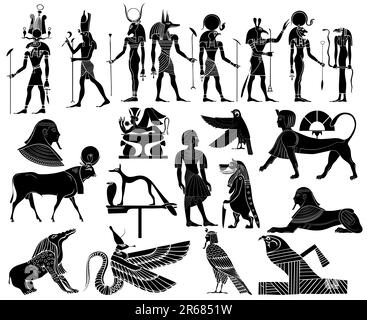 Vector - verschiedene Themen des alten Ägypten: Illustration der Götter und Göttin des alten Ägypten - Ra, Anubis, Bastet, Hathor, Khensu, Hathor, Hor... Stock Vektor