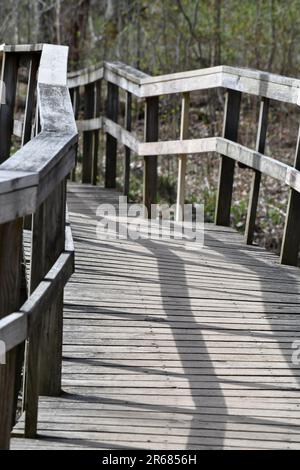 Fußgängerbrücke mit Holzsteg und Geländer durch den bewaldeten Wanderweg Stockfoto