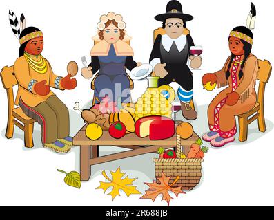 Illustration Thanksgiving Day. Pilger und indianisches Paar Stock Vektor