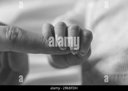 Ein Schwarzweißbild eines kleinen Kindes, das sanft an den Finger seiner Mutter greift Stockfoto