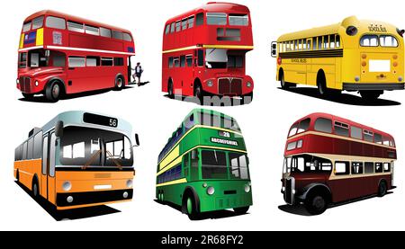 Sechs Stadtbusse. Coach. School Bus. EPS 10 Vector Illustration für Designer Stock Vektor