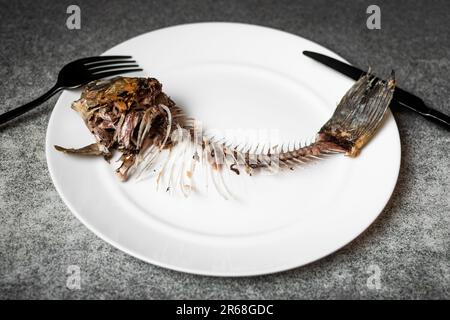 Gebratenes Fischskelett, Wirbelsäule und Knochen auf einem weißen Teller mit schwarzem Messer und Gabel auf grauem Hintergrund. Stockfoto