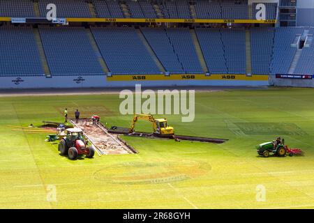 Ein Arbeiter bereitet das Cricket-Wicket vor, Eden Park, Auckland, Neuseeland, Mittwoch, 10. November 2010. Stockfoto