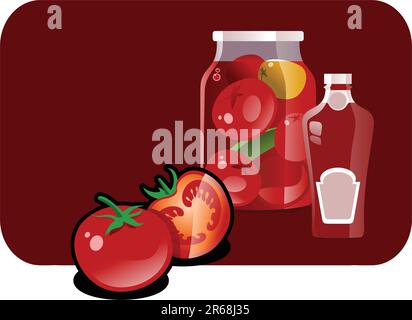 Vektorfarben Darstellung einer Tomate, Tomatensoße und vorübergehende Schließung. Farbdarstellung einer Kartoffel. Teil Stock Vektor