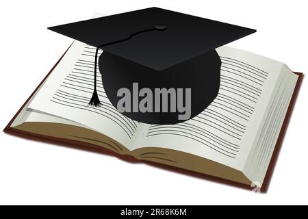 Illustration der Promotion Cap mit Buch auf weißem Hintergrund Stock Vektor