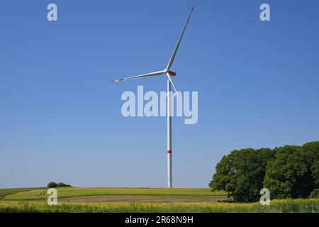 Hohe Windturbine mit einem schlanken Turm und drei Rotorblättern, die auf einem Feld in einer ländlichen Landschaft vor dem blauen Himmel stehen, Konzept für erneuerbare Energien, Stockfoto