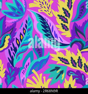 Leuchtendes, nahtloses Muster mit bunten Zierformen und dekorativen Blumenelementen. Hippie-Psychedelie-Abdruck. Stock Vektor