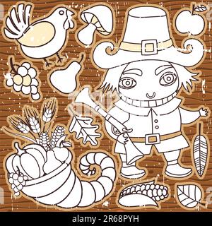 Grunge Thanksgiving-Elemente auf Holzhintergrund. Pilgerjunge, truthahn, Cornucopia, Gemüse, Obst und Herbstblätter. Stock Vektor