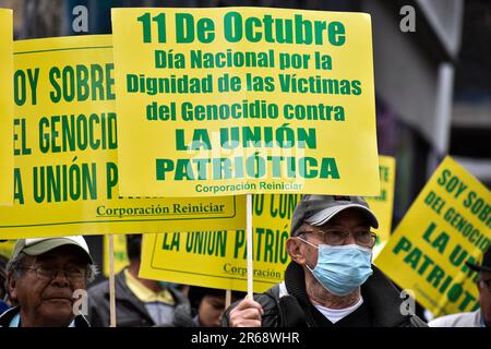 Bogota, Kolumbien. 07. Juni 2023. Mitglieder der "Union Patriotica"-Kundgebung während der Demonstrationen zur Unterstützung der kolumbianischen Sozialreformen in Bogota, Kolumbien, 7. Juni 2023. Foto: Cristian Bayona/Long Visual Press Credit: Long Visual Press/Alamy Live News Stockfoto