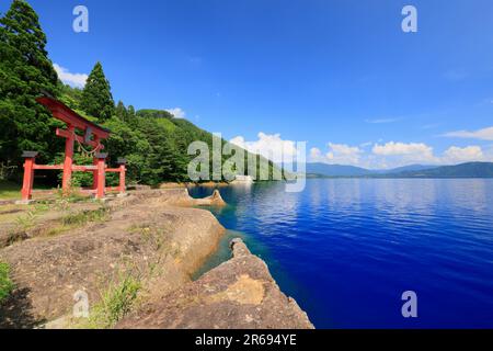 Tazawa-See und Torii-Tor des Gozaishi-Schreins Stockfoto