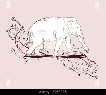 Der weiße Elefant Skizze dekoriert florales design Stock Vektor