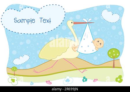 Illustration der Aarival Ankündigung Babykarte mit Storch mit baby Stock Vektor