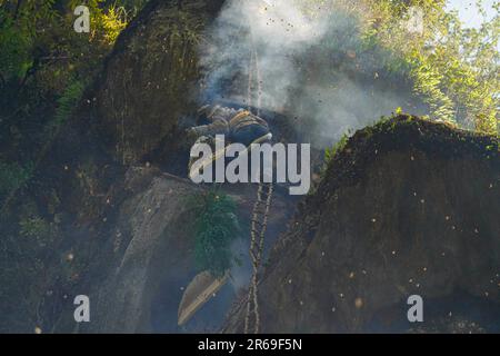 5. Juni 2023, Sindhupalchowk, Nepal: Ein Honigjäger sammelt Honigwaben für wilden Honig. In den bezaubernden Hügeln Nepals entfaltet sich eine uralte Tradition namens Honigjagd, während mutige Individuen sich auf der Suche nach dem goldenen Nektar der Natur in die tückischen Klippen wagen. Mit nur einem Seil als Rettungsleine steigen diese Honigjäger in große Höhen und riskieren ihr Leben für die Chance, in den Höhen versteckte Honigwaben zu ernten. Die ländliche Gemeinde Bhotekhosi im Stadtteil Sindhupalchowk dient als ihr gewagter Spielplatz. (Kreditbild: © Skanda Gautam/SOPA Images via ZUMA Press Wire) EDITORIAL Stockfoto