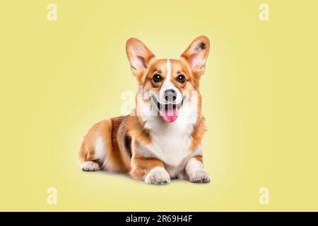 Pembroke Welsh Corgi lag auf dem Boden auf gelbem Hintergrund. Stockfoto