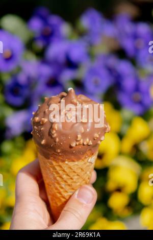 Weibliche Hand mit köstlichem schokoladeneis aus amerikanischer Vanille. Leckeres hausgemachtes Eis in der Waffelform. Glutenfreies veganes Milcheis. Stockfoto