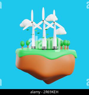 3D-Rendering einer Windturbine mit dem Konzept der Ökologie und Umweltfreundlichkeit. Stockfoto