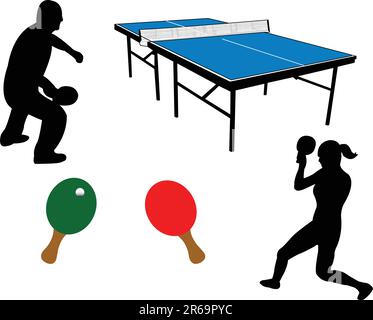 Tischtennisausrüstung und Spielersilhouette - Vektor Stock Vektor