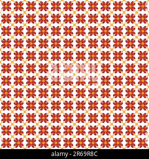 Nahtloses Blumenmuster mit roten Blumen und gelben Quadraten auf weißem Hintergrund Stockfoto
