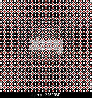 Kompliziertes geometrisches Muster mit roten Diamanten und schwarzen Blumenmotiven auf weißem Hintergrund Stockfoto