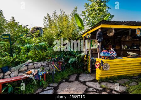 Wasserfall und Kiosk im Fauna & Flora Garden, entworfen von Jilayne Rickards auf der 2023 RHS Chelsea Flower Show, London, Großbritannien Stockfoto