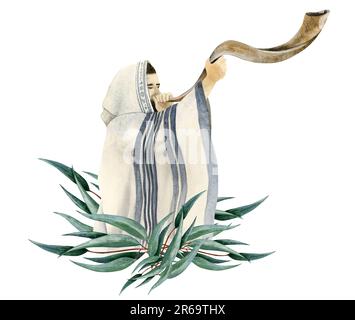 Jom Kippur Shofar bläst vom jüdischen Mann in Geschichten über Rosh Hashanah mit Eukalyptuszweigen Aquarell-Illustration Stockfoto