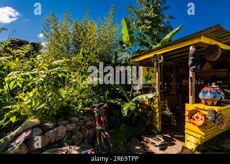 Wasserfall und Kiosk im Fauna & Flora Garden, entworfen von Jilayne Rickards auf der 2023 RHS Chelsea Flower Show, London, Großbritannien Stockfoto