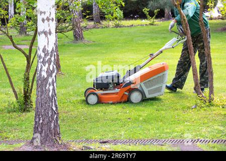Der Gärtner mäht den Rasen und pflegt ihn mit einem benzinbetriebenen Rasenmäher im Garten in der Nähe der Bäume. Speicherplatz kopieren. Stockfoto