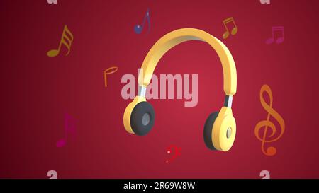 Gelber Kopfhörer und Noten Stockfoto