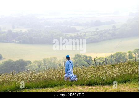 Brighton UK, 8. Juni 2023 - Ein Wanderer beobachtet, wie die Sonne durch den frühen Morgennebel am South Downs Way am Ditchling Beacon bei Brighton zu brennen beginnt, da für die nächsten Tage in ganz Großbritannien heißes Wetter vorhergesagt wird : Credit Simon Dack / Alamy Live News Stockfoto