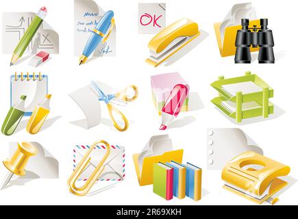 Farbenfrohe Büroobjekte und Symbole Stock Vektor