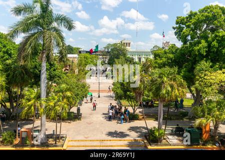 Erhöhte Aussicht auf Plaza Grande im Stadtzentrum, Merida, Yucatan State, Mexiko Stockfoto