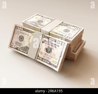 Ein Stapel gebündelter US-Dollar-Banknoten auf einem isolierten hellen Hintergrund - 3D-Wiedergabe Stockfoto