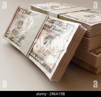 Ein Stapel gebündelter US-Dollar-Banknoten auf einem isolierten hellen Hintergrund - 3D-Wiedergabe Stockfoto