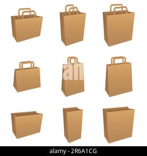 Set brauner Produkt-/Einkaufstaschen. Weitere Verpackungsabbildungen finden Sie in meinem Portfolio. Stock Vektor