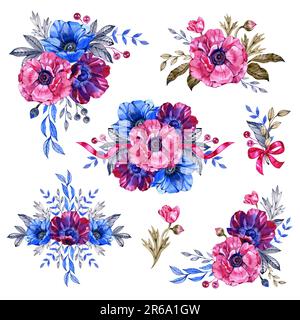 Set mit pinkfarbenen, violettblauen, wasserfarbenen, anemonischen Blumenstraußen. Isolierte Abbildung auf weißem Hintergrund. Stockfoto