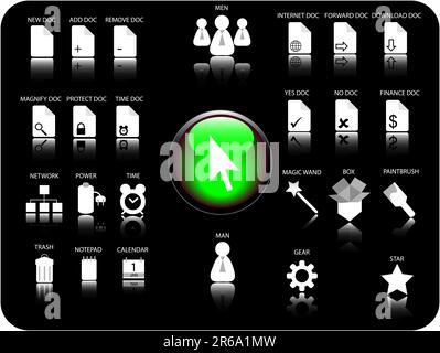 Glanz-3D-Symbol und verschiedene andere Symbole mit Reflexion. Design: Dateien, Dokumente, Datum und Uhrzeit sowie verschiedene Hardware. Stock Vektor