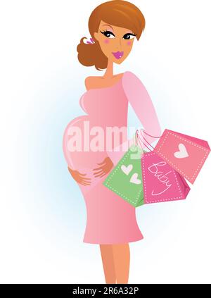 Eine stilvolle schwangere Frau in rosa Geschäften für ihr neues Baby. Vektordarstellung. Stock Vektor