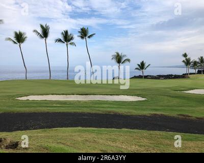 Ein malerischer Blick auf einen Golfplatz mit Palmen an der Küste Stockfoto