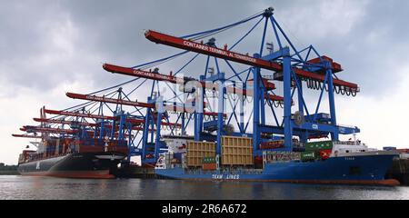 APL Le Havre und Tina am Containerterminal Altenwerder im Hamburger Hafen verladen APL Le Havre und Tina im Hamburger Hafen Stockfoto