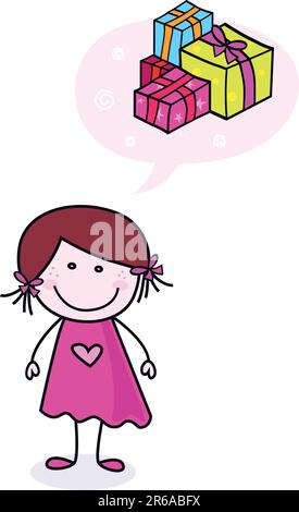 Strichfigurenmädchen mit neuen Geschenken. Vektordarstellung. Stock Vektor