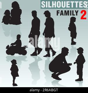 Silhouetten – Familie 2 – hochdetaillierte Schwarz-Weiß-Abbildungen. Stock Vektor