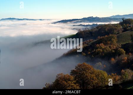 Nebbia sulle colline del Montefeltro Stockfoto