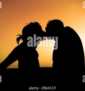 Lovers B - detailreiche und farbige Vektordarstellung. Kuss und Sonnenuntergang im Hintergrund. Stock Vektor