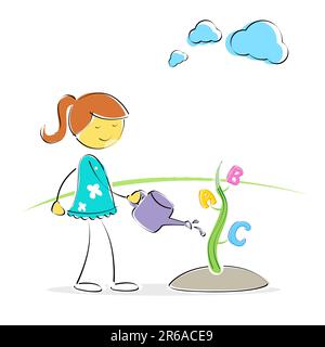 Illustration der Mädchen Bewässerung Abc-Anlage Stock Vektor