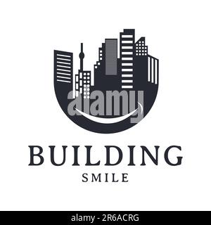 Urbanes Design inspiriert für ein U-förmiges hohes Gebäude mit einem Lächeln. Immobilienlogo. Konstruktionszeichnung, Vorlage, Stadtsymbol Stock Vektor